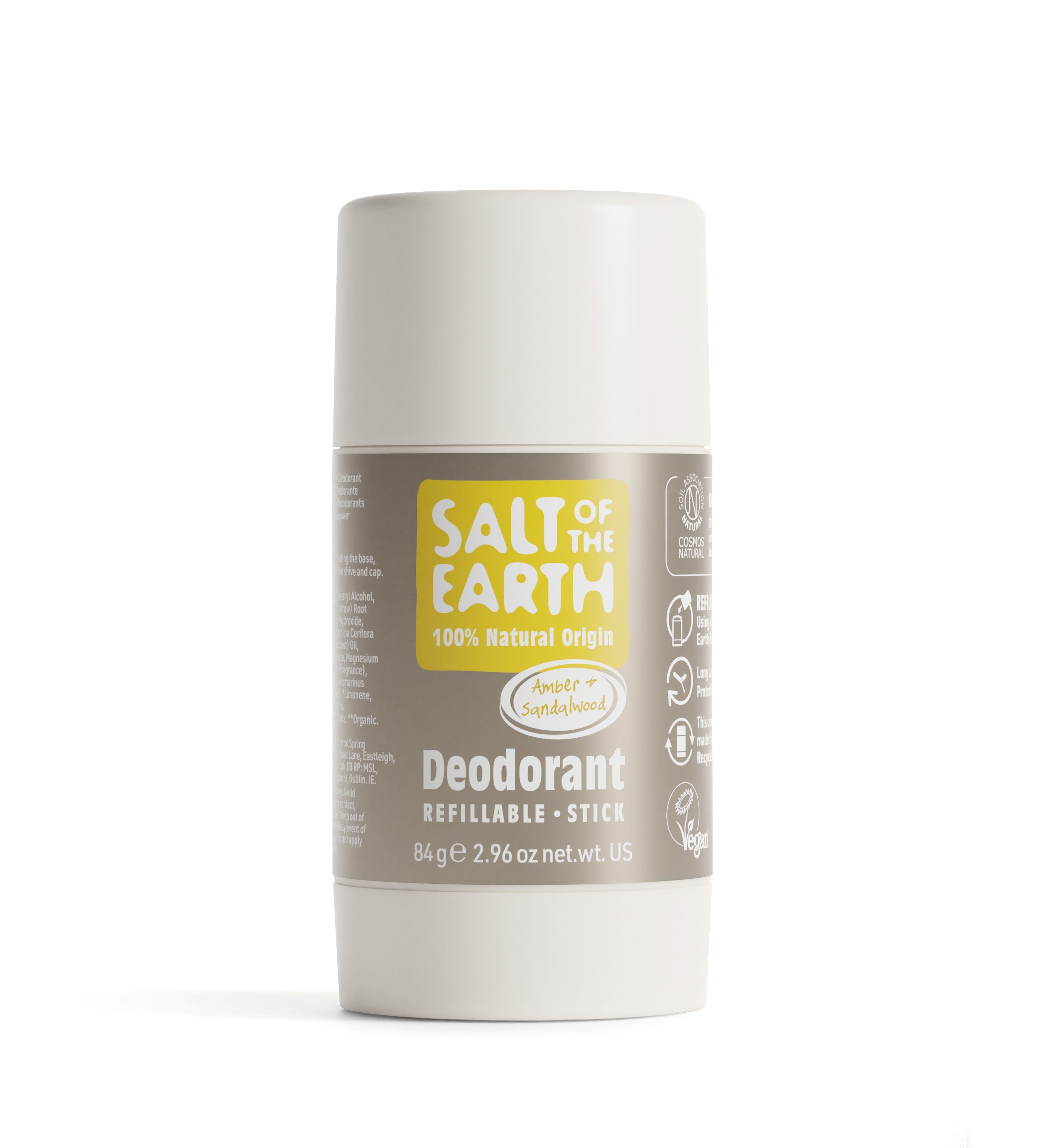 Salt of the Earth 84g Amber + Sandalwood natural deodorant stick with refillable packaging.