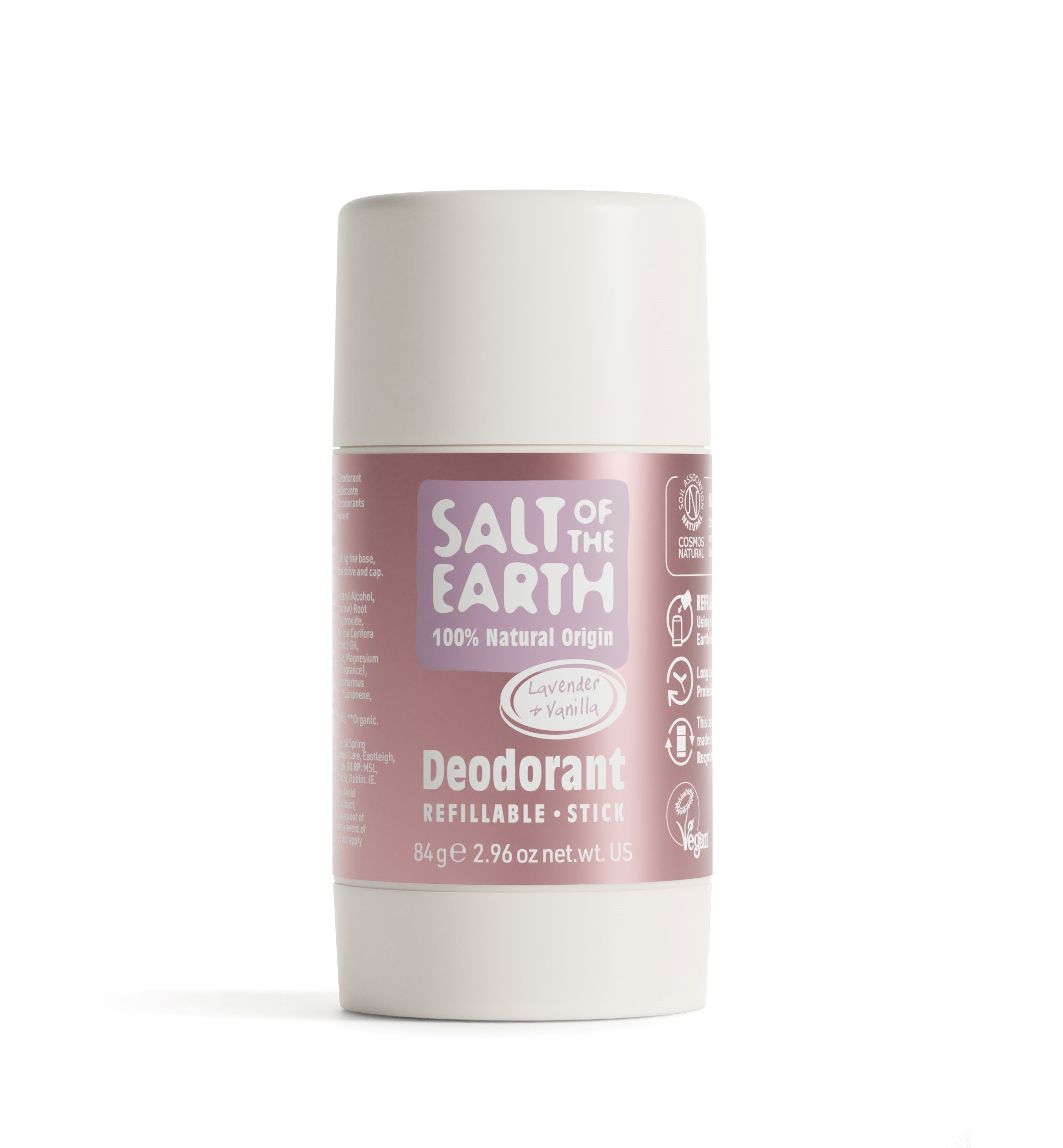 Salt of the Earth 84g Lavender & Vanilla natural deodorant stick with refillable packaging.