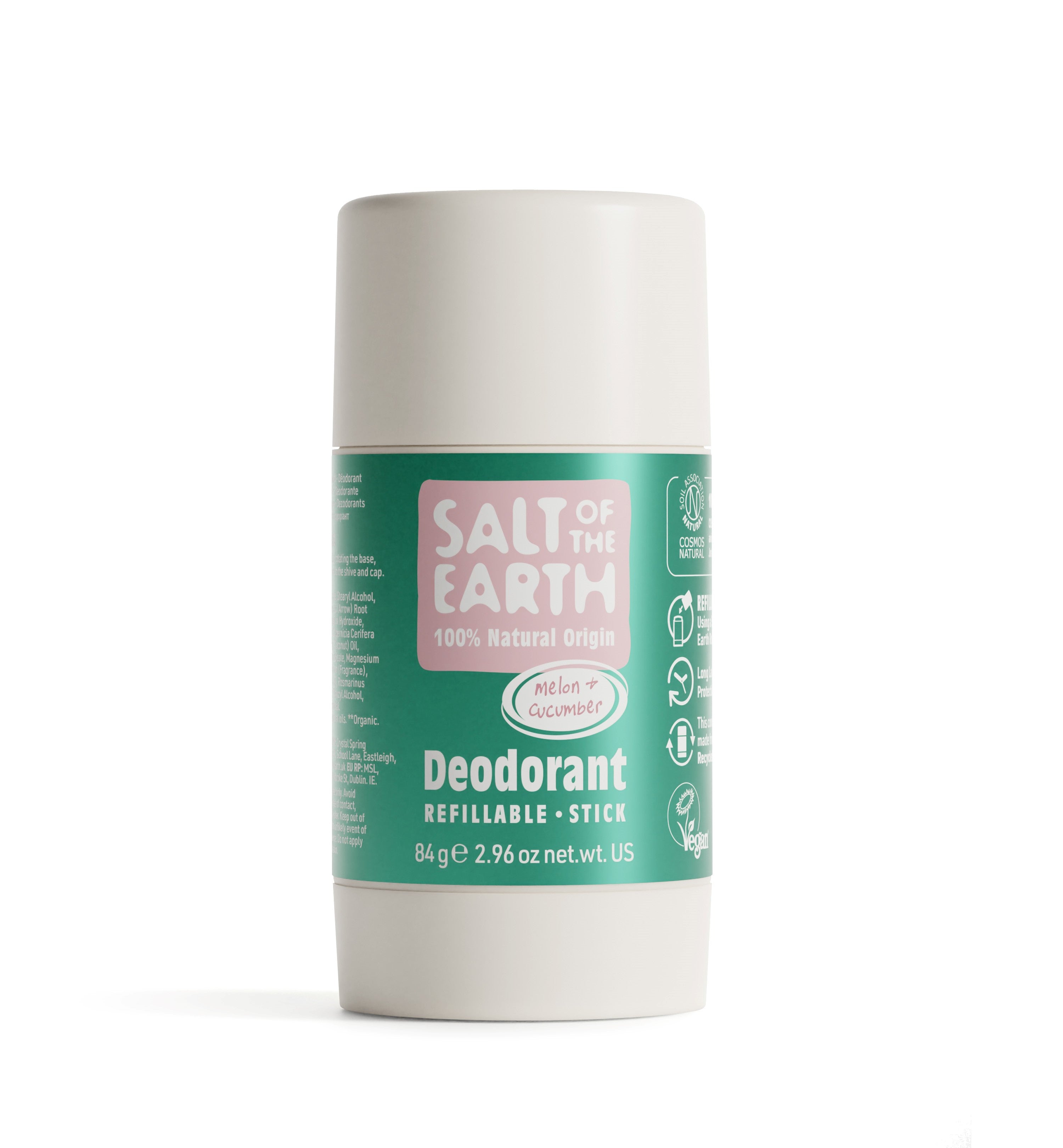 Salt of the Earth 84g Melon & Cucumber natural deodorant stick with refillable packaging.