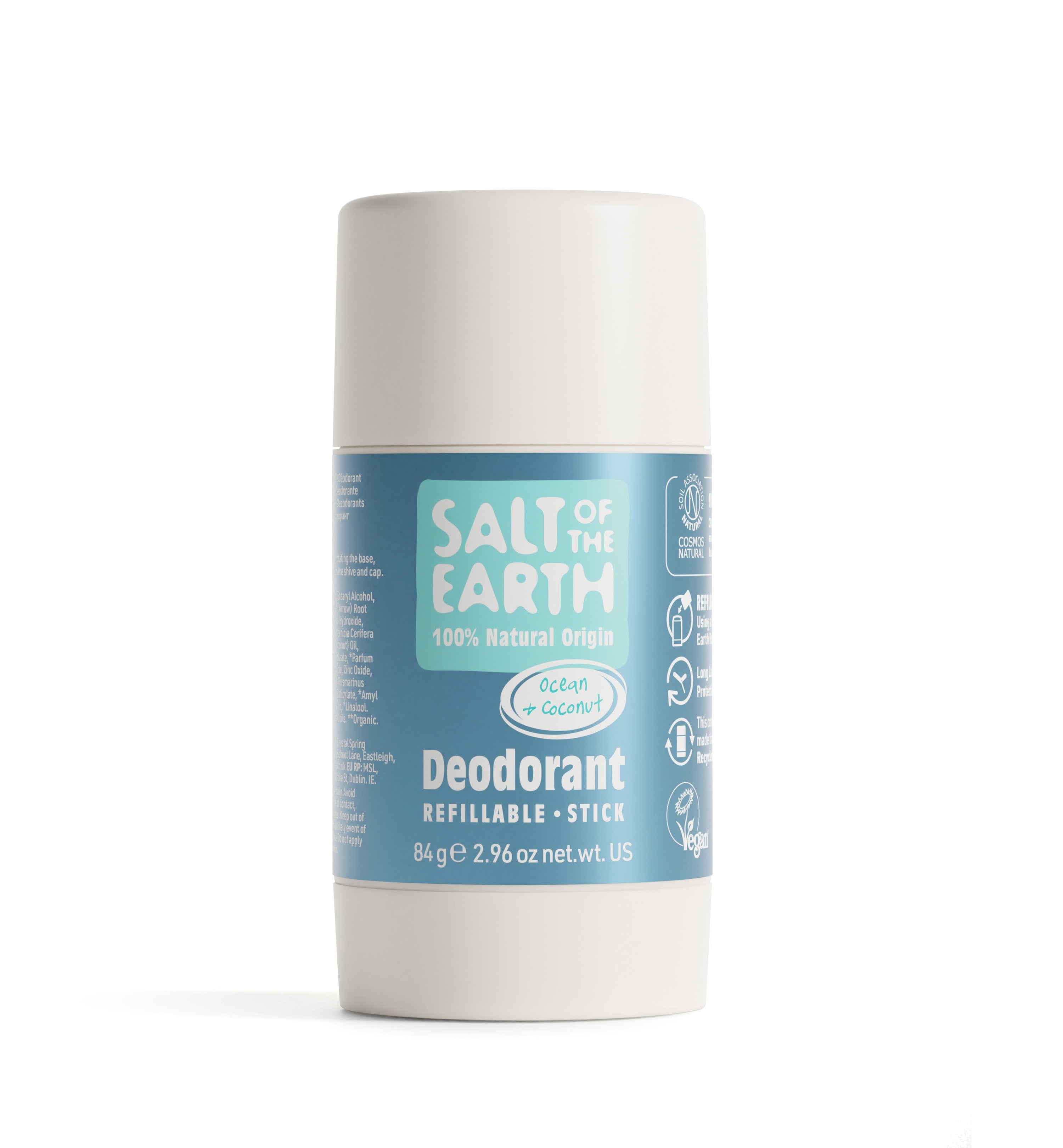 Salt of the Earth 84g Ocean & Coconut natural deodorant stick with refillable packaging.