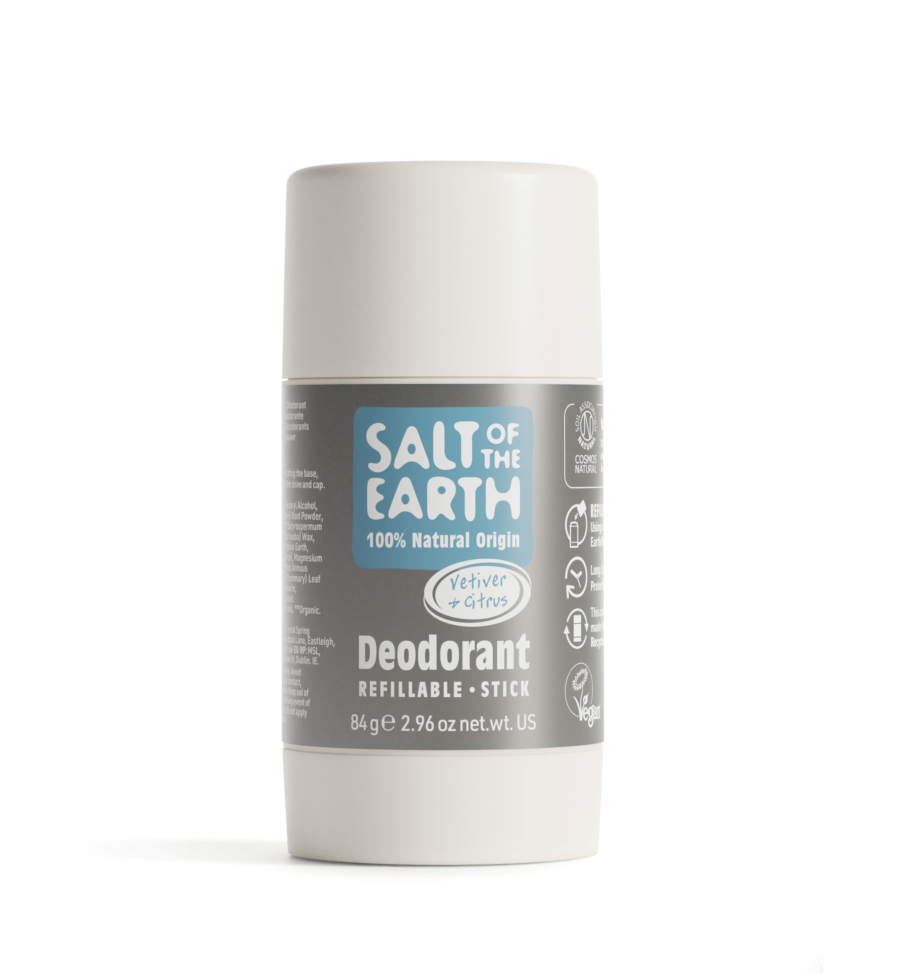 Salt of the Earth 84g Vetiver & Citrus natural deodorant stick with refillable packaging.