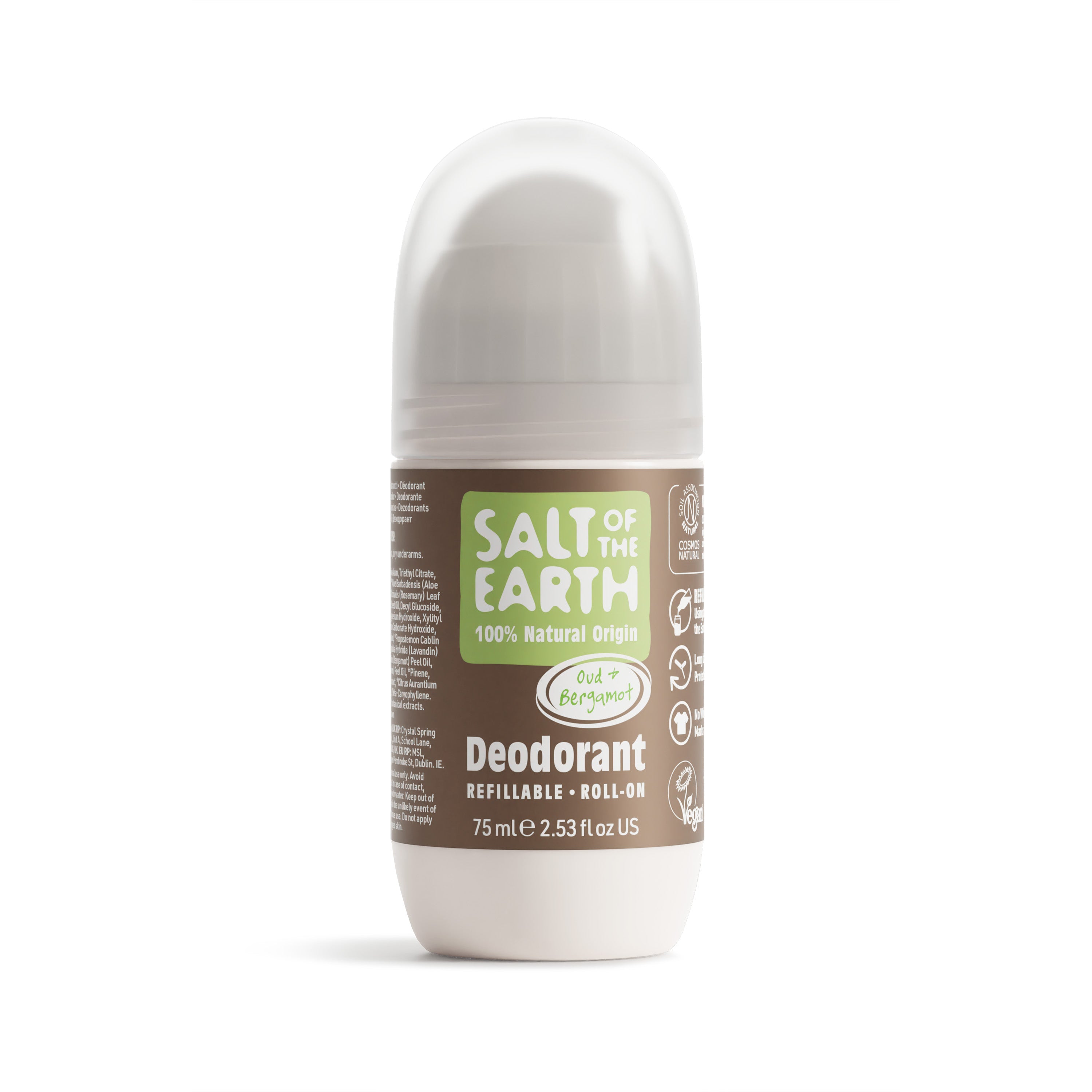 Salt of the Earth 75ml Oud & Bergamot natural deodorant refillable roll-on.